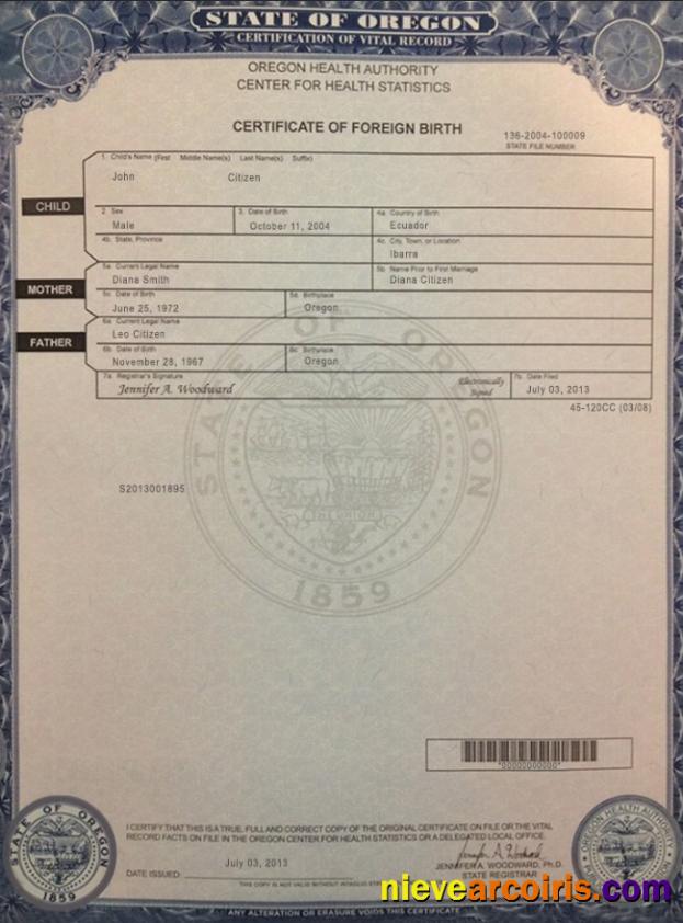USA Oregon birth certificate